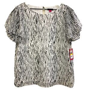 VINCE CAMUTO Summer Heat Blouse Women’s Medium White Black Animal Print Lined.